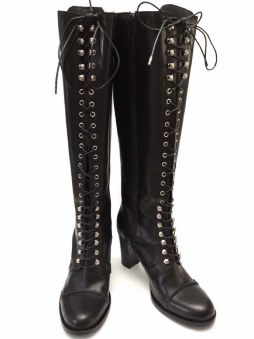 Vintage Charles David Griot Black Leather Tall Lace-Up Regiment Boots Size 6.5